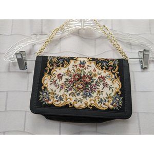 Walborg Black Tapestry Black Floral Purse With Chain Handle Vintage